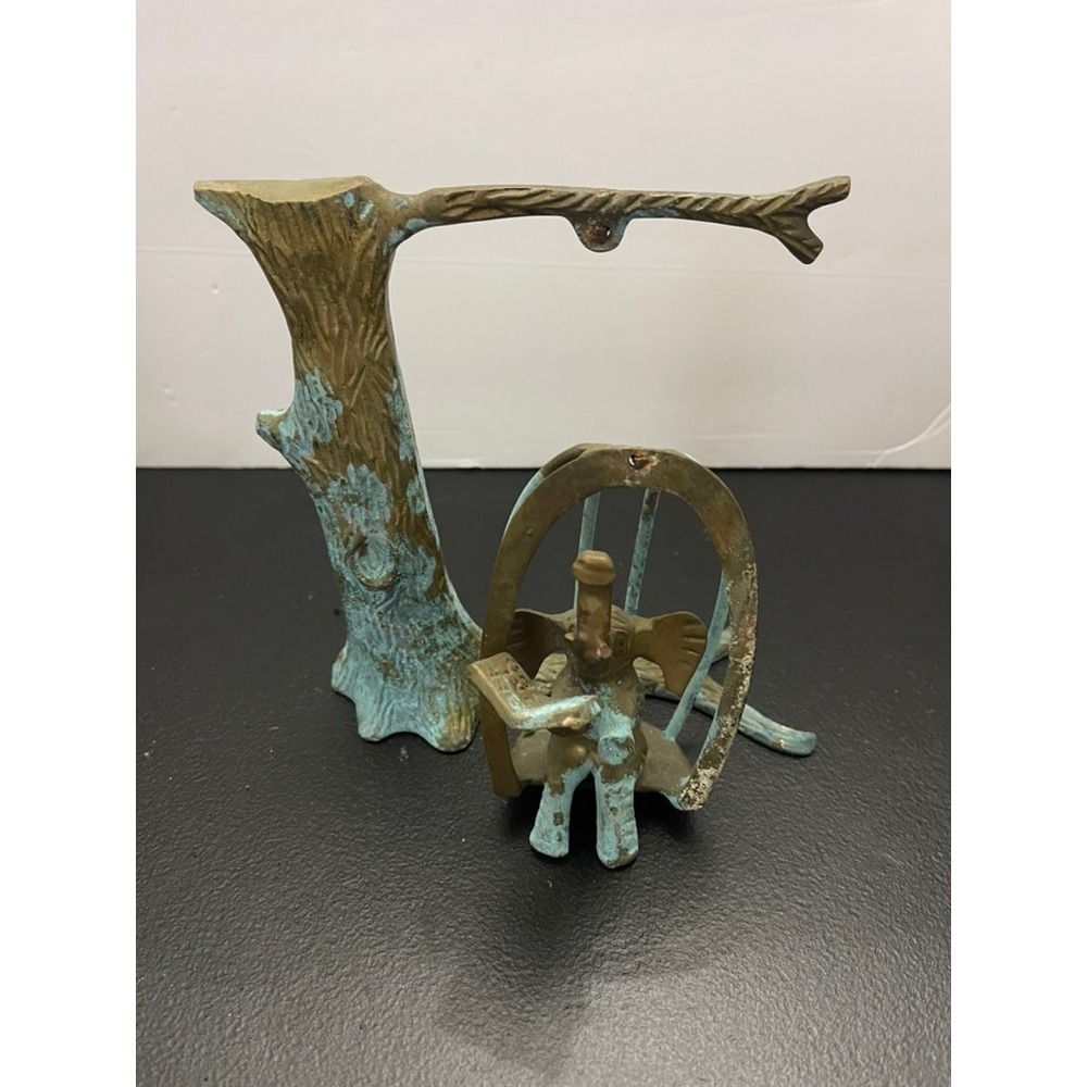 Vintage Verdigris Brass Reading Elephant Figurine with Tree Branch Stand Set
